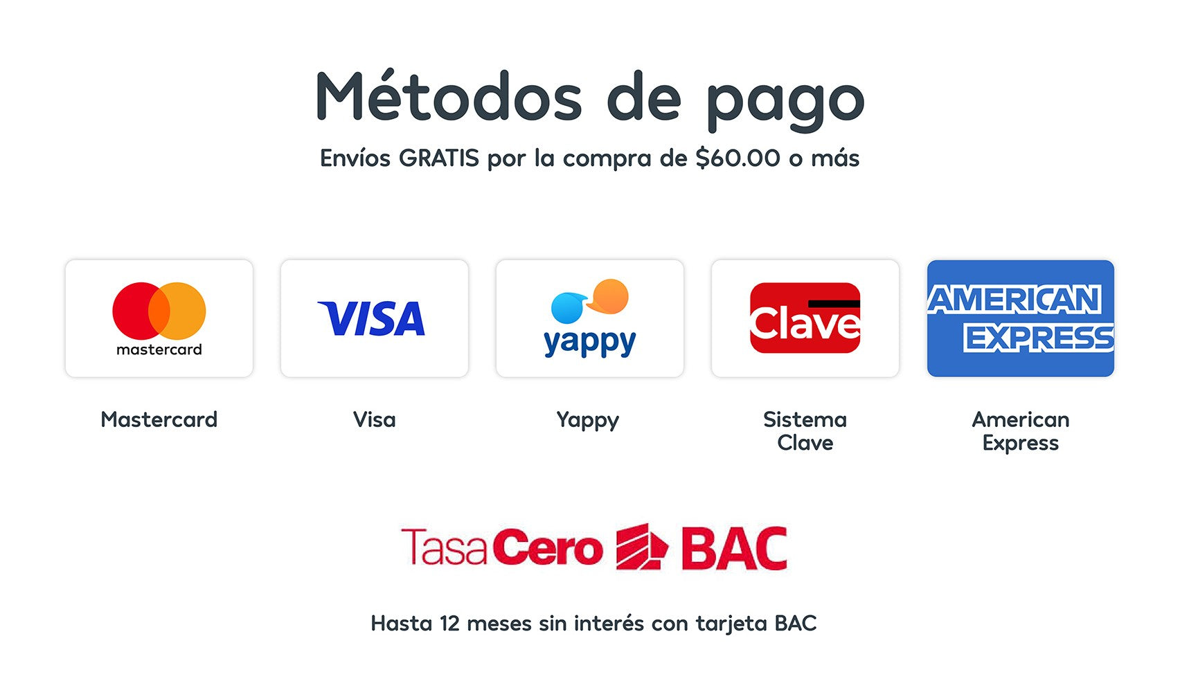 Métodos de pago: Mastercard, Visa, Yappy, Sistema Clave, American Express y Tasa Cero BAC